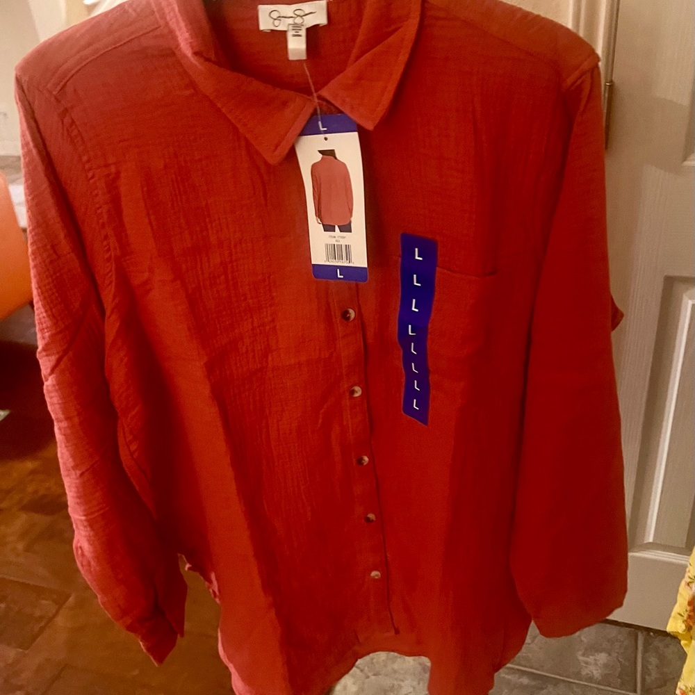 Jessica Simpson button down long sleeve blouse-off red color Large - Picture 2 of 7